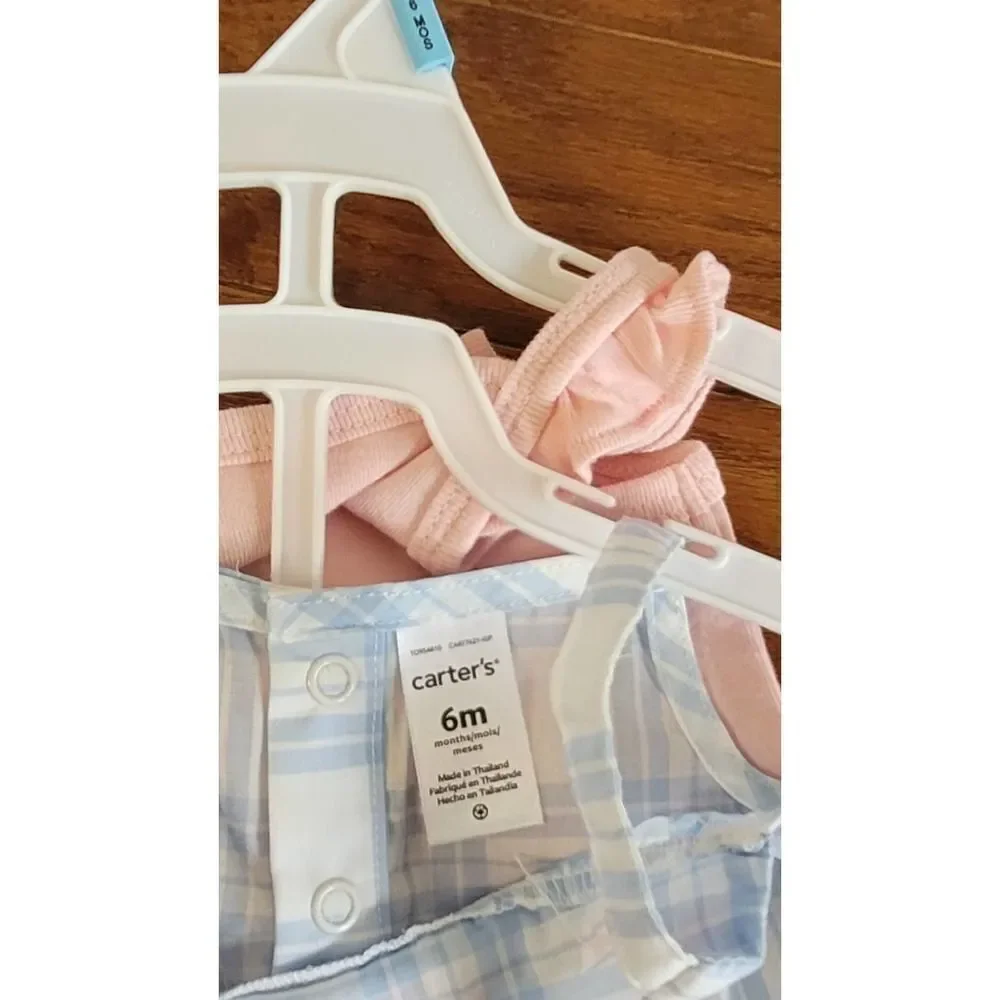 Carter's 3 piece Blue Plaid Pink Onsie Set with ruffle Bottom Girls Size 6m NEW - Picture 3 of 3